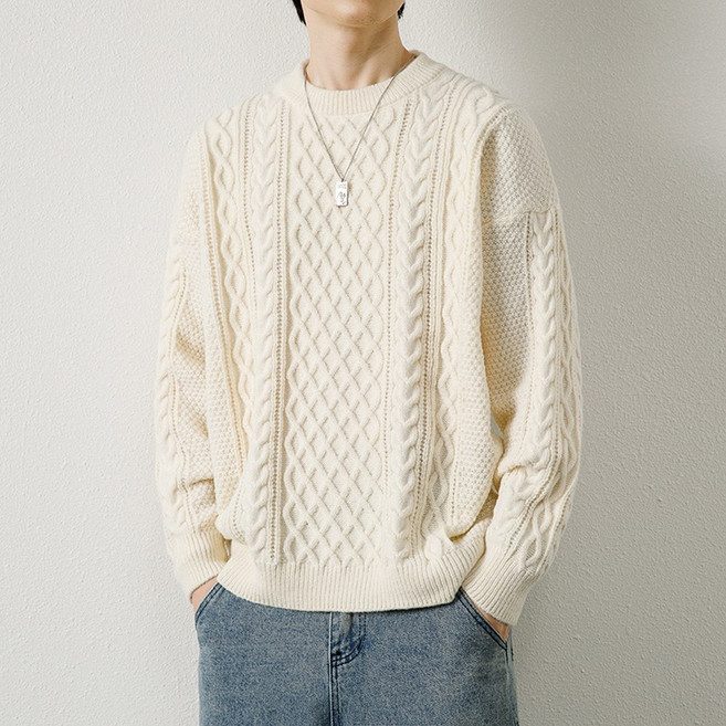 지디오 남성 꽈배기 스웨터 니트 피셔맨 라운드넥 겨울 티셔츠