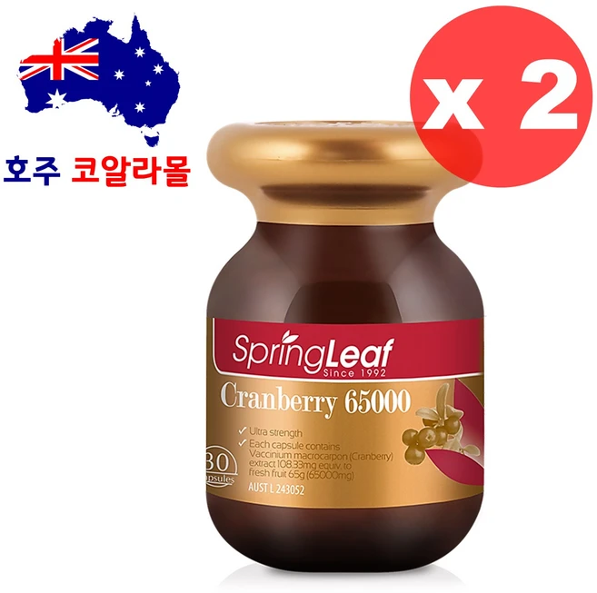 호주직구 크랜베리 65000mg 30캡슐 2개 스프링리프 호주코알라몰, 30정 - 쿠팡