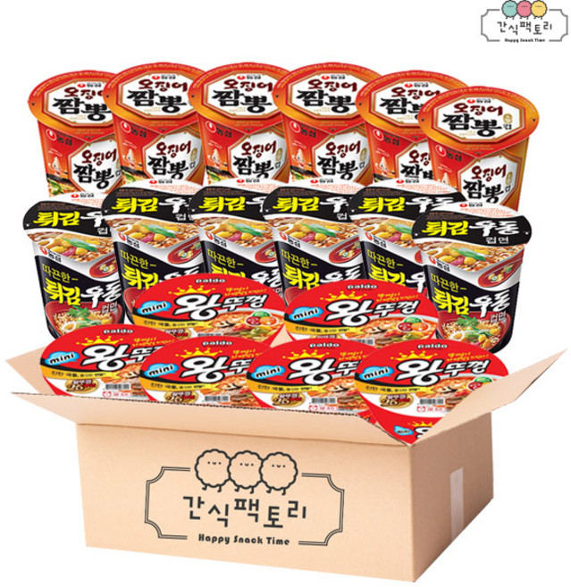 [간식팩토리] 튀김우동6+오징어짬뽕6+미니왕뚜껑6 소컵라면 총18개, 18개