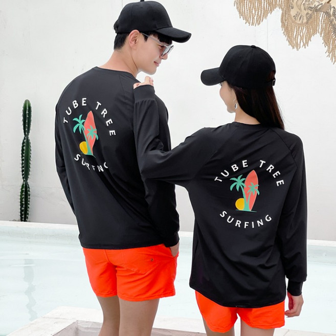 몰디브서핑 루즈핏 래쉬가드(M-4XL) 남여공용 비치웨어 수영복 래시가드 체형커버 휴양지 바캉스룩, 블랙, 2XL (상의)