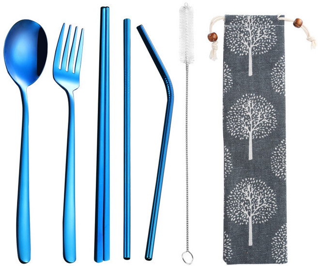 티타늄 도금 304 스테인리스 빨대 세트 휴대용 식기 컬러 젓가락 포크 스푼 빨대 세트, 하나, 포춘트리가방7피스블루, 1개