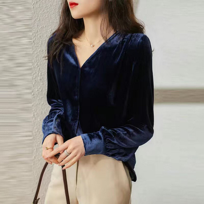 여성용 가을 겨울 빅사이즈 브이넥 블라우스 루즈핏 벨벳 긴팔 셔츠