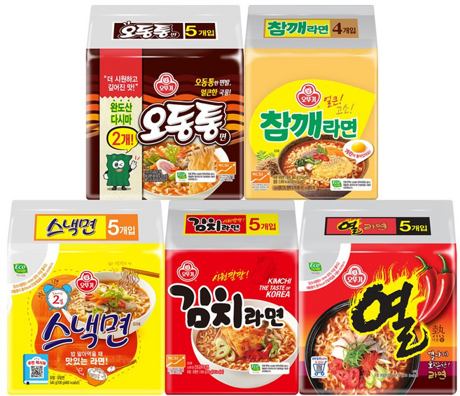 오뚜기라면 5종세트(각 멀티 1봉지) [열라면/오동통면/스낵면/김치/참깨라면], 1세트