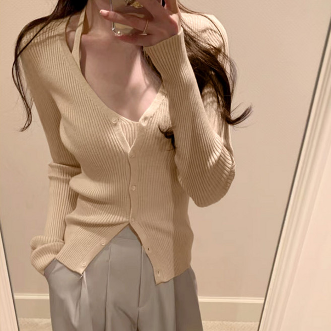 라라홀리 레이어드 골지 홀터 나시 딥브이넥 긴팔 니트 가디건 세트