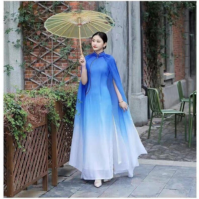 good 奧黛旗袍連衣裙長款2025新款中式禮儀改良日常旗袍隊隊服多色, 藍色雪紡加披肩,L, 藍色, 加披肩