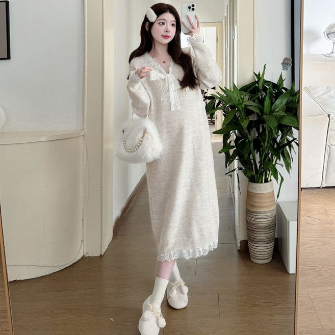 여성 임산부 원피스 캐주얼 가을 겨울 임부복 루즈핏 수유 원피스 기질 긴팔 임부 브이넥 니트 원피스 ZZL