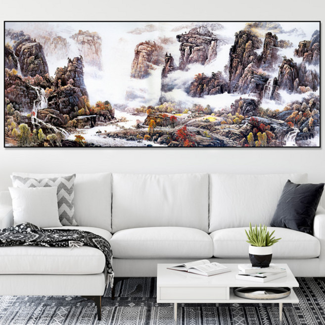 풍경 숲 동양화 산수화 풍경화 수묵화 그림 액자 풍수 인테리어 집들이 부모님 개업 선물, 배산임수 산수화 파노라마(캔버스출력), 대형(60x150cm), 유광골드