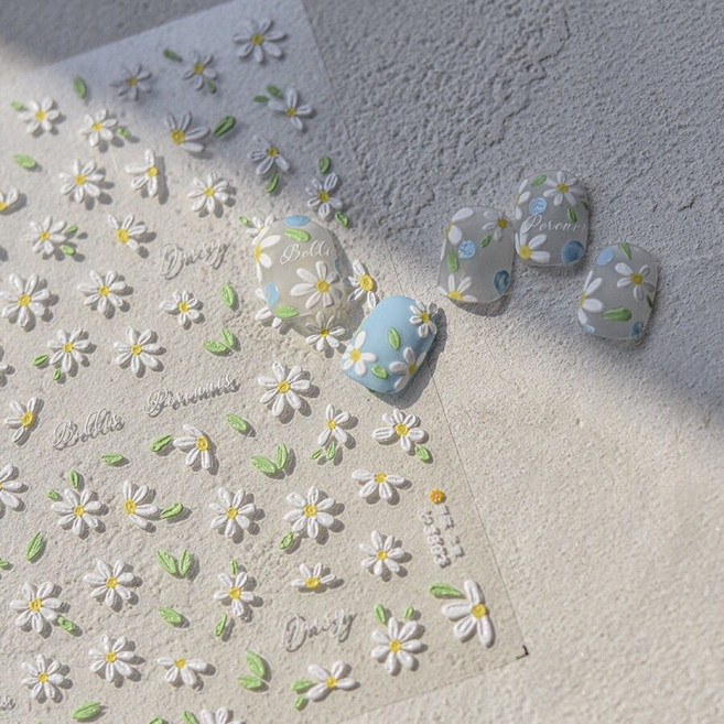 데이지 플라워 유화 입체 네일스티커, 1개, 2장세트