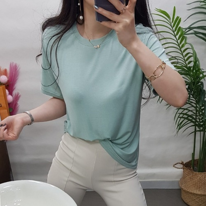 제이후 데일리 무지 기본 찰랑 레이온 스판 여성 라운드 반팔 티셔츠