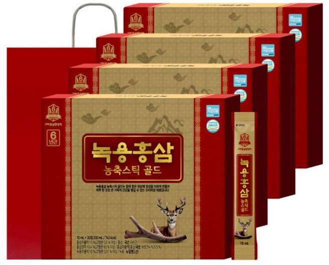 고려홍삼중앙회 녹용홍삼 농축스틱 골드 10ml x 30포 x 4박스(총 120포), 120개