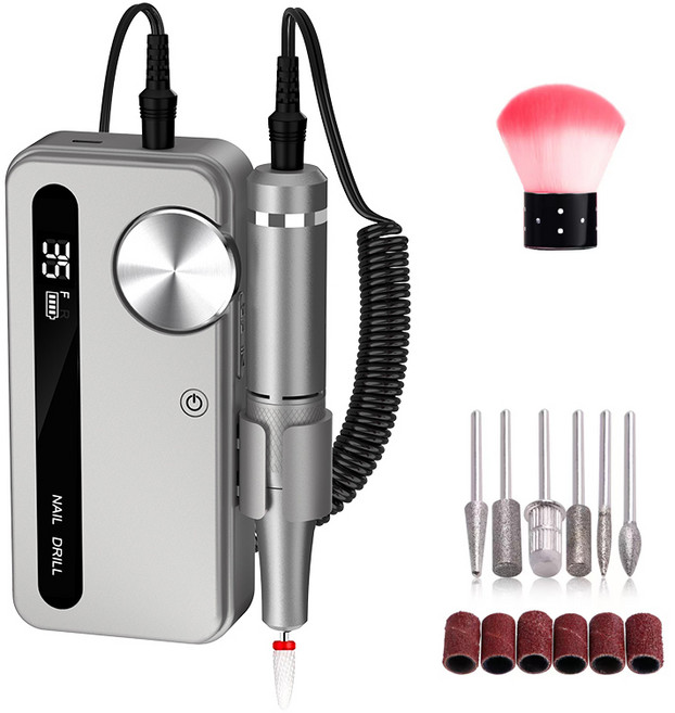 YINUO 젤 네일 드릴 전동 네일 관리기 네일 케어 속도 조절 0-35000rpm USB충전식, 1세트, 라이트 그레이