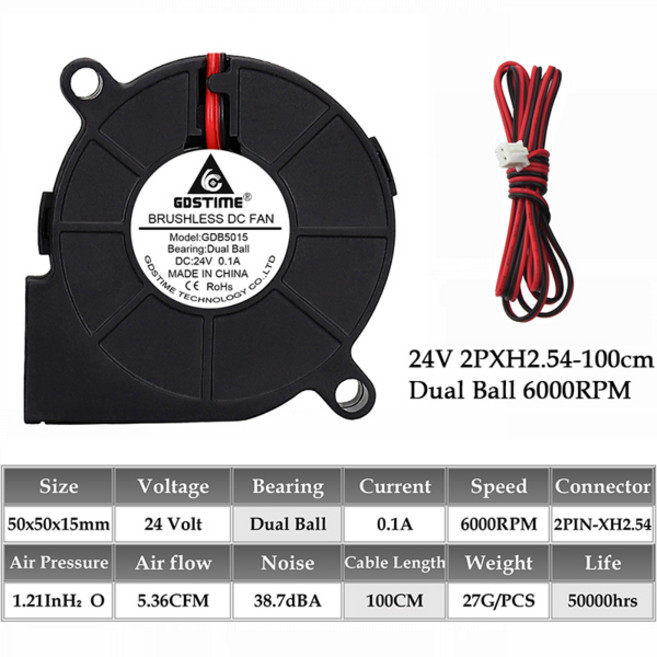 호환 2PCS Gdstime 5015 50mm DC 24V 12V 5V 2Pin 볼/슬리브 베어링 브러시리스 냉각 터빈 송풍기 팬 x, 24V Ball 100CM Cable