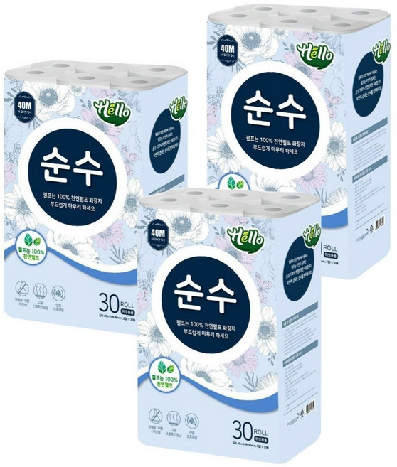 헬로 순수 2겹 천연펄프 롤화장지 40m 30롤, 3개
