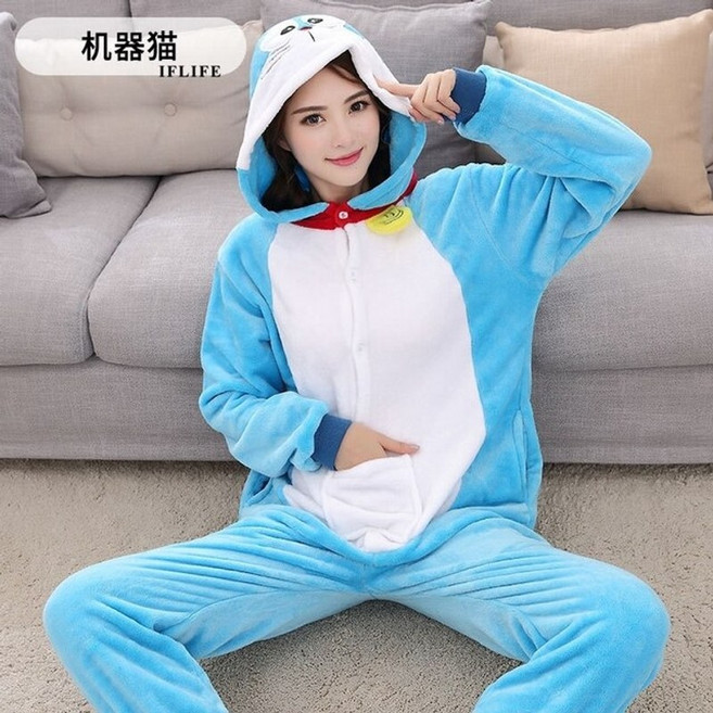 성인잠옷 실내복 귀여운 만화 kigurumi 도라에몽 잠옷 긴 소매 후드 onesie