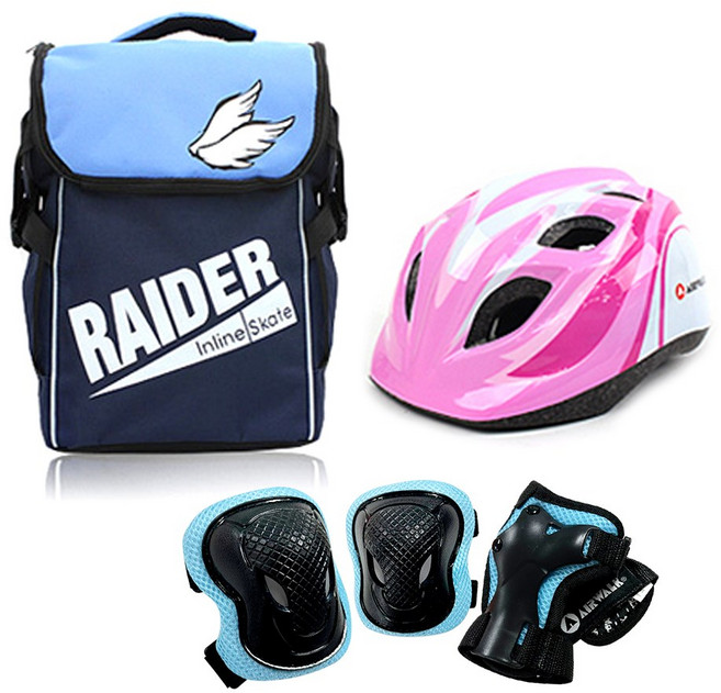 에어워크 마리 핑크 아동 인라인 스케이트 보호장비 세트 / 인라인 가방+헬멧+보호대, 헬멧_핑크/가방_블루:보호대_블루_S, 1개