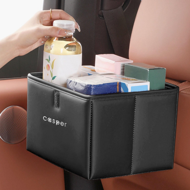 Kazama 차량용 다용도 수납함 자동차 쓰레기통 현대 호환 접이식 뒷좌석 고급 가죽 스낵 음료 휴대폰 정리 포켓 싼타페 아반떼 그랜저 캐스퍼 투싼 각인 F238-H, Casper-black, 1개