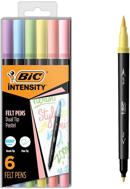 BIC Intensity 투인원 듀얼 팁 파인라이너 펜 파인 팁(0.7mm) 및 유연한 브러시(3.7mm) 다양한 파스텔 색상 6개입 팩