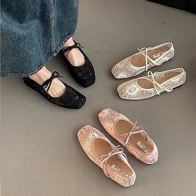 ROYALBELLE 여성 레이스 메쉬 리본 스트랩 플랫 경량 슬림핏 데일리 메리제인 슈즈 F01020721