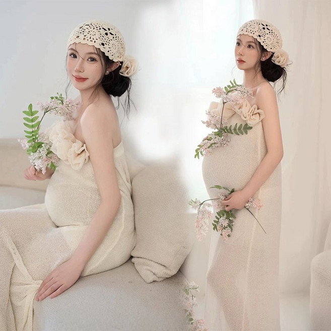 블랙 만삭 촬영 옷 주수 투피스 사진 오프숄더 임산부, 19번 스카프 포함 드레스