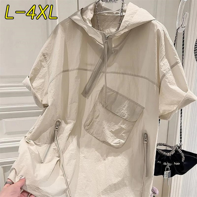 빅사이즈 4XL~ 여성 아노락 무지 후드 반팔 티셔츠 데일리 바람막이 반집업 티셔츠 여름 남자 여자반팔티 아우터 150kg