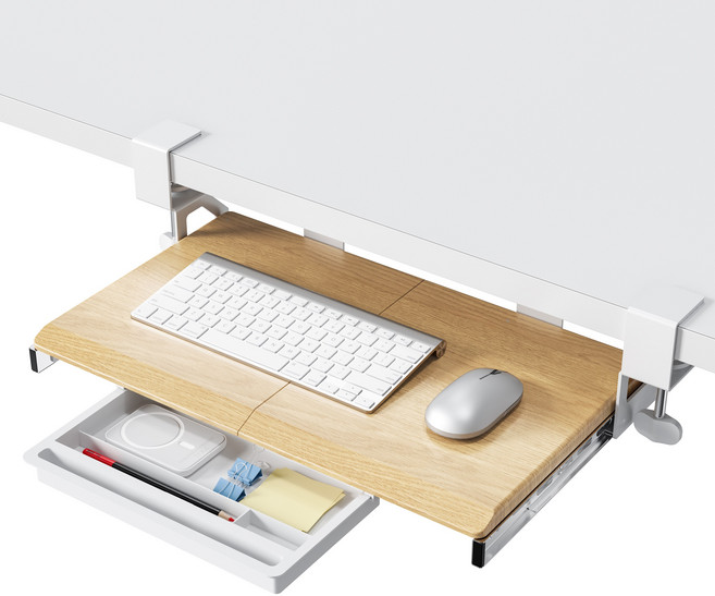 ETHU 키보드 트레이 무타공 슬라이딩 책상 연장 키보드 거치대 작은형 소형 책상 적용, 원목색, 1개