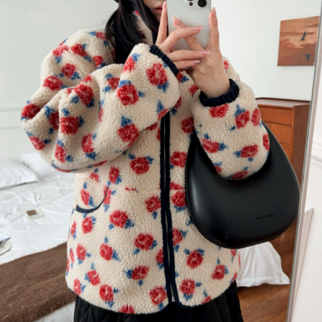 벨로아 여성 겨울 따뜻한 뽀글이 꽃무늬 후리스