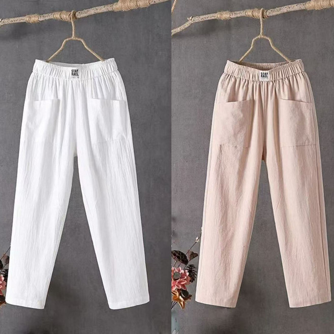 MAKABORO 1+1 여성 린넨 배기 팬츠 심플 캐주얼 통기성 9부 바지 슬랙스 데일리룩