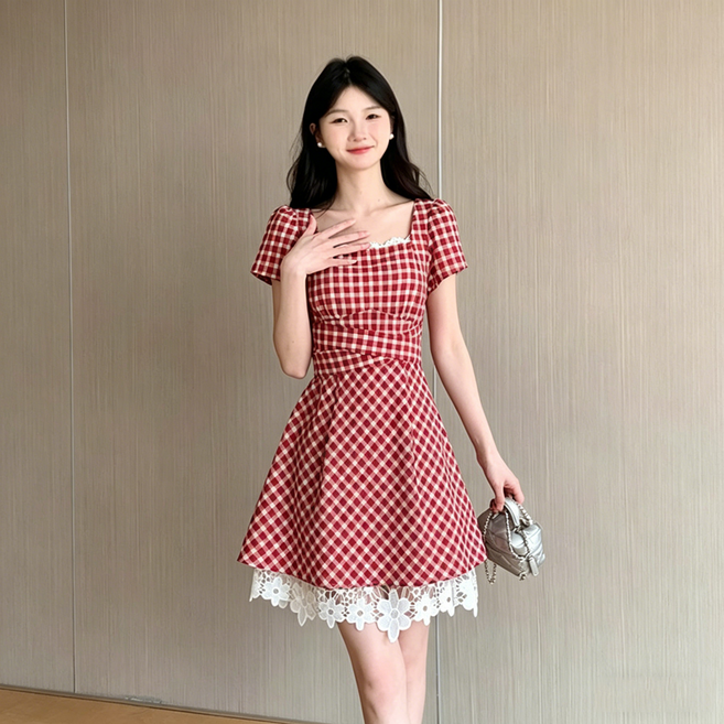 ZAJA 여성 체크 미니원피스 반팔 슬림핏 레이스 소녀감성 데이트룩