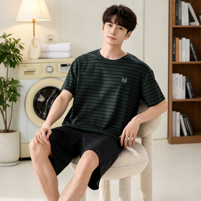 남자베이직 스트라이프 반팔 반바지 파자마 세트 투피스
