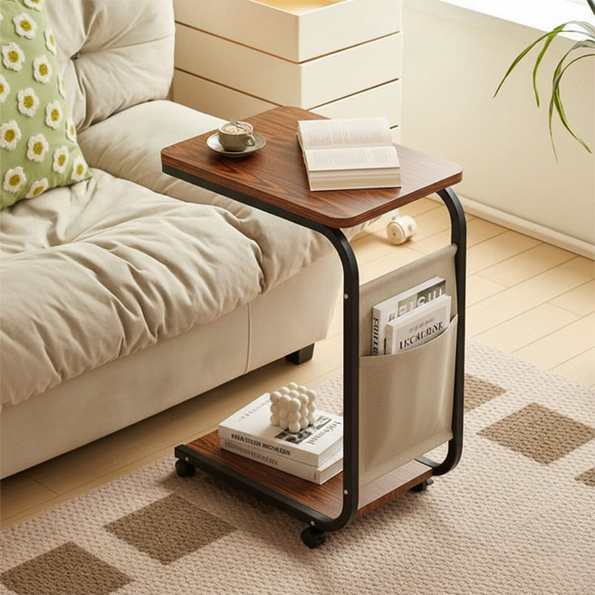 Veralool 이동식 침대 사이드 테이블 거실 쇼파 바퀴 베드 트레이 협탁 1인용 책상 티테이블 보조테이블40*30*65cm, 월넛