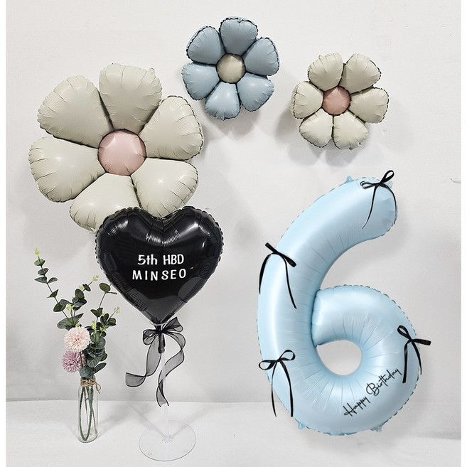 올리브파티 발레코어 리본 데이지 레터링 풍선 생일 파티용품 세트, 숫자6, 1세트, 블루