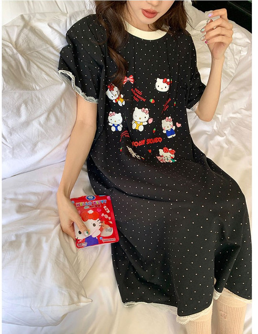 다나에 레이스 캐릭터 도트 헬로키티 파자마 여름 여성 롱 슬립 스커트 2컬러 +지아싱트레이드 머리끈