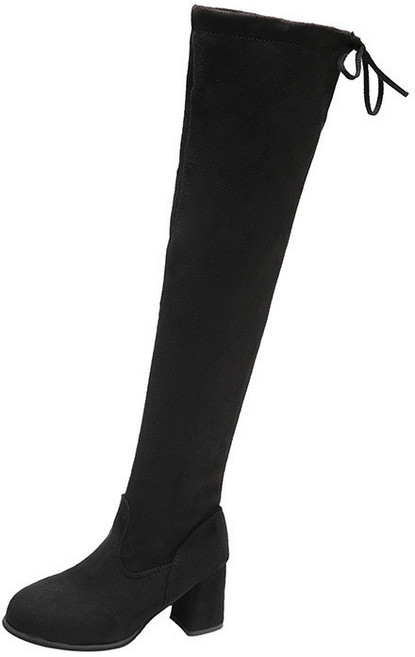 絨面長筒過膝靴 圓頭中跟女士繫帶彈力靴 秋冬季新款 - 臺灣出貨