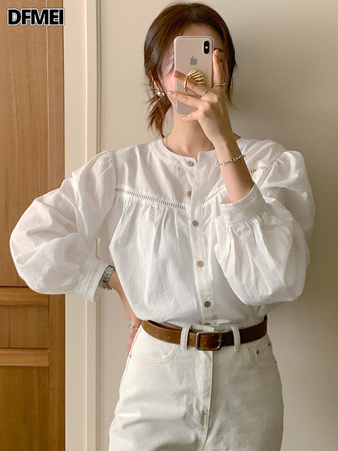 DFMEI 女裝Chic拼接鏤空花邊百搭襯衫