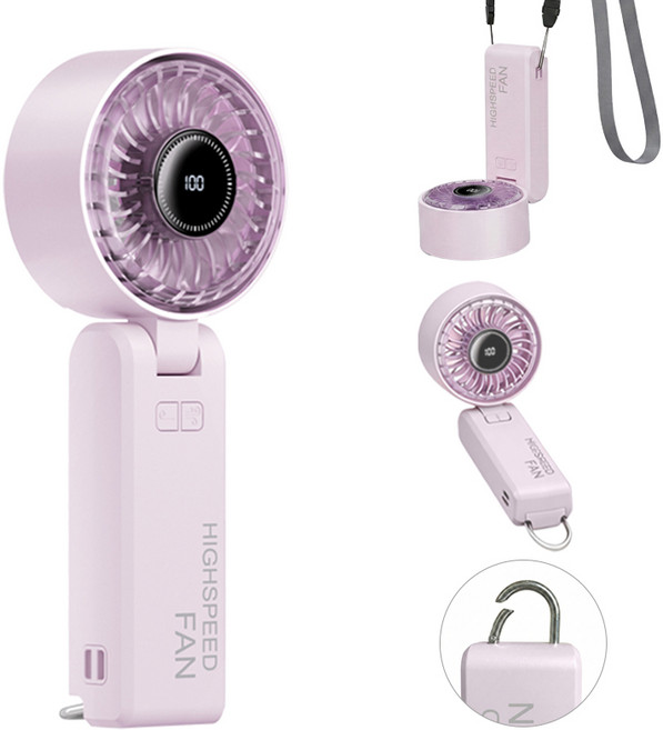 Craftsy 초강력 BLDC 고리형 휴대용 선풍기 접이식 저소음 충전식 미니 무선 핸드 손선풍기, 퍼플, X38