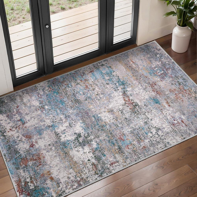 Tangsoo 4x6 Washable Area Rug Modern Non Slip Indoor Rugs for Living Room Abstract Contemporary, Blue/Grey