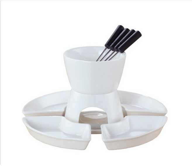 초코퐁듀 세라믹 가정용 1인 초콜릿중탕기 치즈퐁듀그릇 치즈워머, 화이트퐁듀+4개 접시+포크4개, 1개