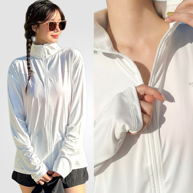 44~88반/자체제작 비키비키 제이드 집업 래쉬가드 UPF50+ 긴팔 루즈핏 하이넥 여자 여름 남자 남녀공용 상의 바캉스 스윔웨어, 화이트M