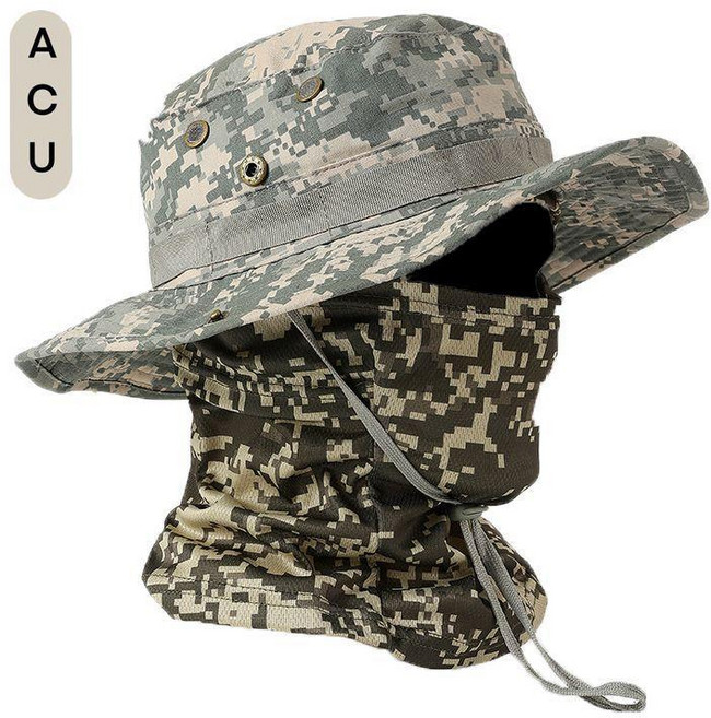 防曬遮陽帽 防紫外線面罩 戶外騎行釣魚漁夫帽, 奔尼帽-ACU 帽+頭套