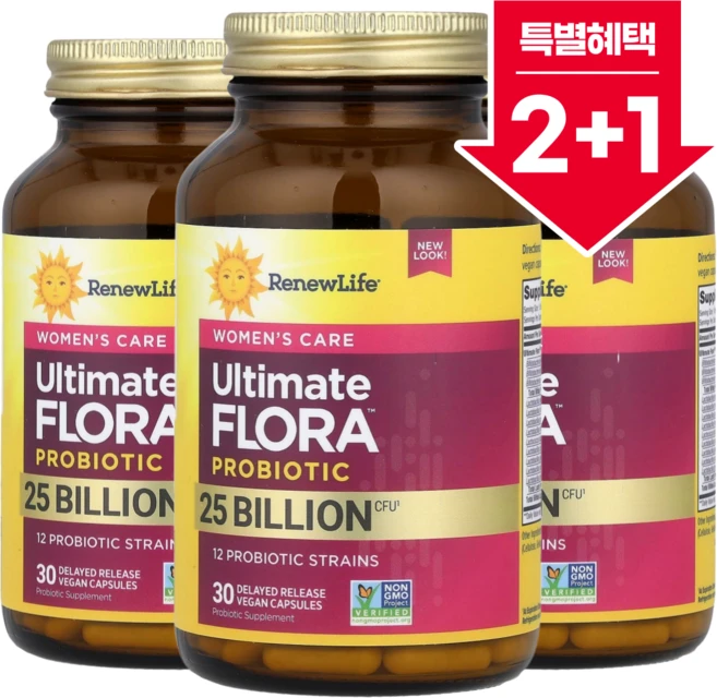 2+1 리뉴 라이프 여성 케어 얼티밋 플로라 프로바이오틱 250억 CFU 지연방출 베지 캡슐 30정 락토바실러스 비피도박테리움 / 해외직구 미국정품, 3개 - 쿠팡