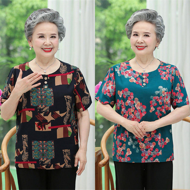 1+1 프리미엄 냉장고 엄마옷 중년 여성 캐주얼 실크 반팔 티셔츠 할머니룩 인견 반팔티 상의 SJS