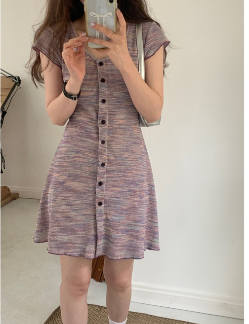 Miss Zuo 針織連衣裙女 短袖洋氣A字彩色條紋修身包臀裙, 紫色,XL 建議125-140