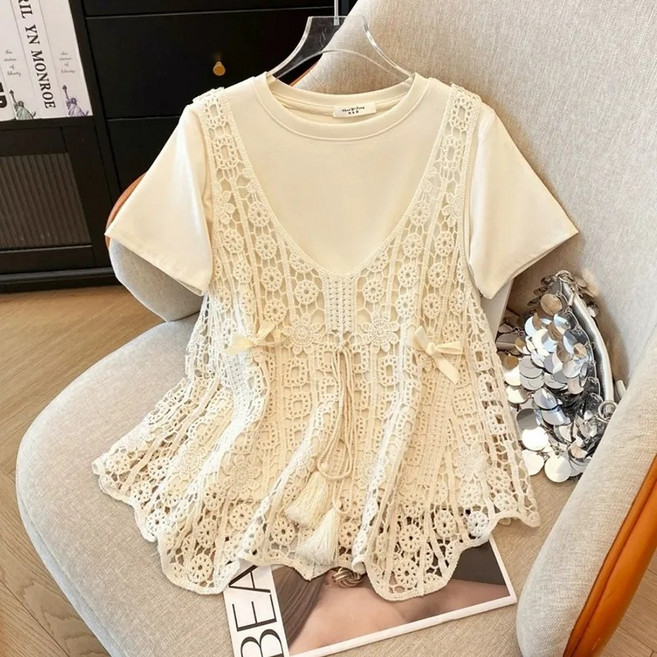 녕동 빅사이즈 여성 리본 레이스 펀칭 나시 라운드 반팔티 투피스 데일리 레이어드 상의 세트