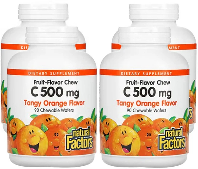 네추럴팩터스 과일 맛 츄 비타민C 탠지오렌지 500mg 츄어블 웨이퍼 90 개, 4팩, 90정 - 쿠팡