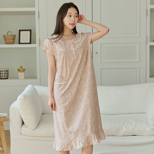 찌니야 여성용 카델플라워 60수 순면 반팔원피스잠옷 7290