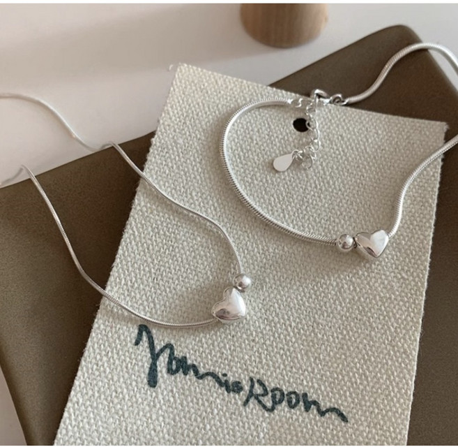 [925 Silver][목걸이 팔찌 세트] 델리아 하트 구슬 펜던트 뱀줄 실버 주얼리