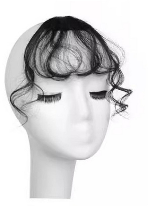 S컬 웨이브 앞머리 가발 헤어피스 베이비펌 부분가발 펌 시스루뱅 붙임머리 곱슬, 블랙, 1개