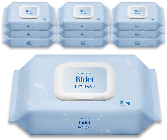 80매 10팩 키즈 대용량 저자극 캡형 즐거운집 비데물티슈 순수 화장실물티슈 잘녹는, 10개