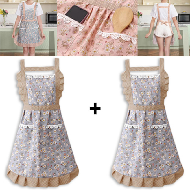 올라이이프지 1+1 예쁜 방수 포켓 플라워 앞치마 이쁜 레이스, 2개, 블루/블루