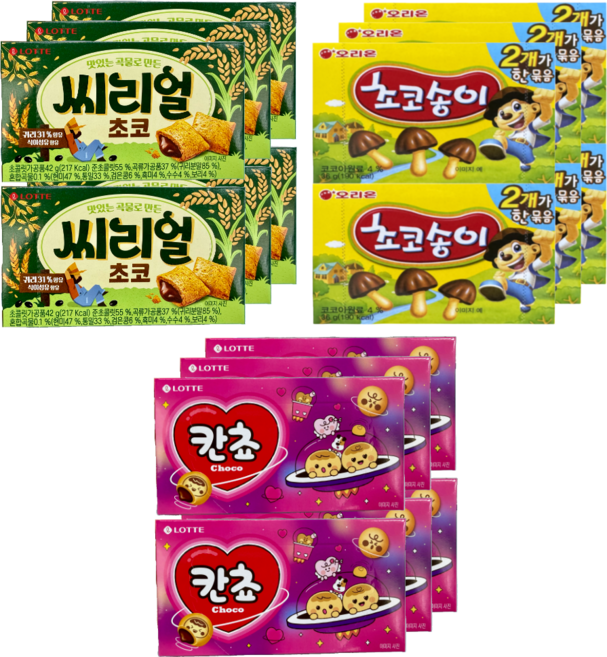 오리온제과 초코송이 72그램 + 롯데제과 칸쵸 108그램 + 롯데제과 씨리얼 초코 84그램 (판매원 주식회사 씨엠몰), 264g, 3세트